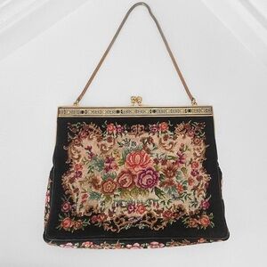 SOLD Antique Vintage Inspired Black Floral Tapestry Bag With Gold Hardware Purse